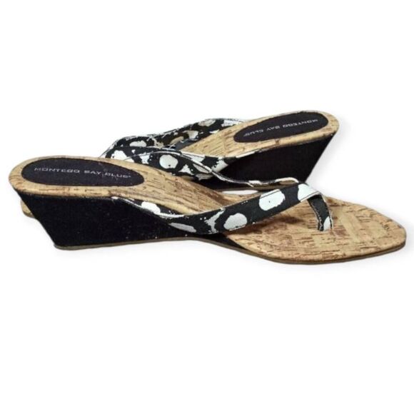 MONTEGO BAY CLUB BLACK & WHITE WEDGE FLIP FLOPS SZ.7.5 EUC. - Picture 1 of 9